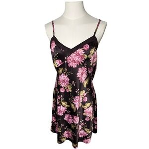 Y2K Satin Floral Babydoll Chemise Slip Dress Coquette Romantic Dark Vamp Apt.9 M